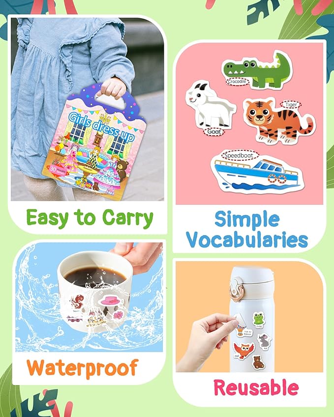 Benresive Reusable Sticker Book for Toddlers 2-4 Years, 3 Sets Travel Stickers for Kids, Waterproof Sticker Books for Toddlers 1-3, Crafts Activities for Todddlers 1-3 2-4 3-5