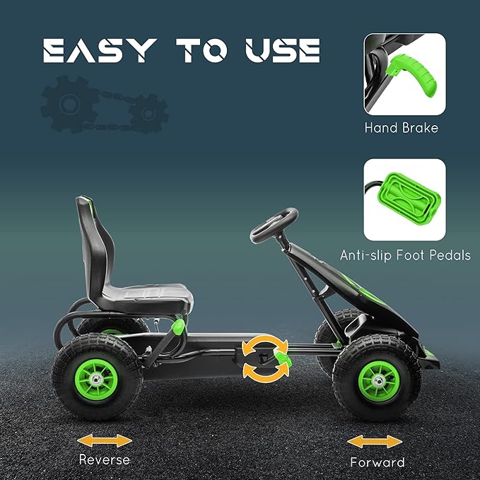 Aosom Kids Pedal Go Kart Ride-on Toy with Ergonomic Comfort, Pedal Car with Tough, Wear-Resistant Tread, Go Cart Kids Car for Boys & Girls with Suspension System, Safety Hand Brake, Ages 5-12, Green