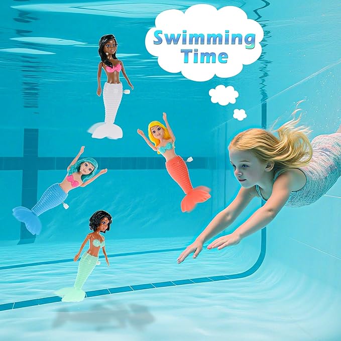 12-Pack Wind-Up Mermaid Bath Toys for Kids -Toddler Bath Toys for Kids Moving Tail Priness Doll Diverse Hair Colors & Styles Mermaids, Swimming Pool Party Favors