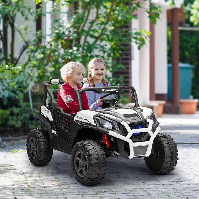 Qaba 24V 2 Seater Ride on Car, Electric Off-Road UTV Truck w/Parent Remote Control, Music, Lights, Ride on Toy for Kids Ages 3-8, White