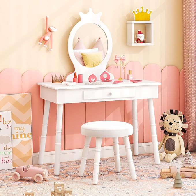 HONEY JOY Kids Vanity, Crown Shape Princess Makeup Dressing Table and Chair Set w/Drawer, Cushioned Toddler Vanity Stool, Real Glass Mirror, Wooden Little Girls Vanity Set with Mirror and Stool(White)