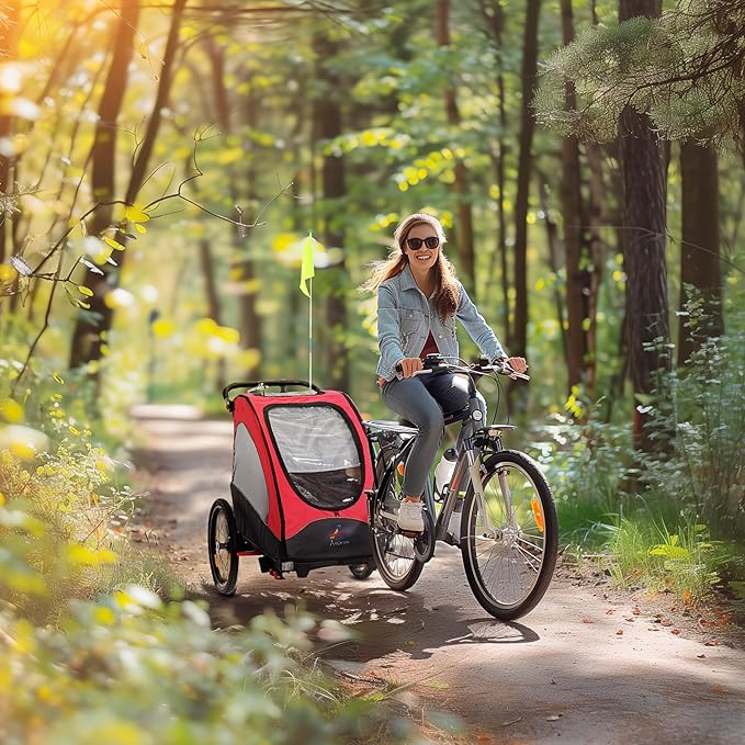 Aosom Bike Trailer for Kids 3 In1 Foldable Child Jogger Stroller Baby Stroller Transport Carrier with Shock Absorber System Rubber Tires Adjustable Handlebar Kid Bicycle Trailer