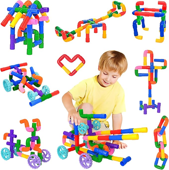 FUBAODA STEM Learning Pipe Tube Toys, Tube Locks Construction Building Blocks 96 Pcs - Multicolor Educational Building Blocks Set with Wheels& Spouts & Joints for Kids Ages 3+