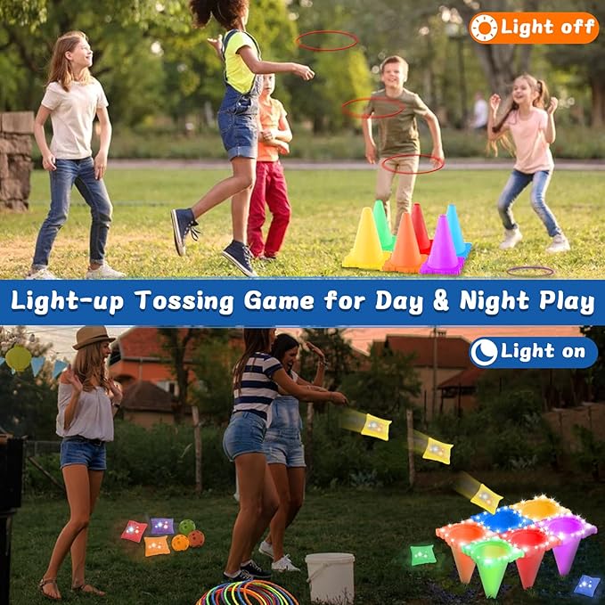 31PCS 3-in-1 Carnival Games Combo Set, LED Bean Bag Game Party Supplies, Ring Toss Yard Lawn Backyard Games, Outdoor Educational Toys for Kids Adults Birthday Parties, School Activities
