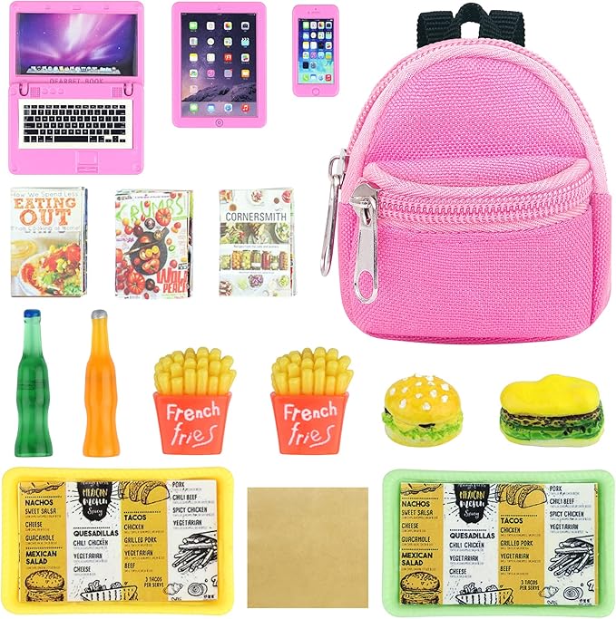15 Pcs Doll Accessories Miniature Laptop Computer Tablet Phone Mini Backpack and Mini Food Including Burger Soda Set and Burger Hot Dog Set and Gourmet Magazine for 11.5 inch Doll