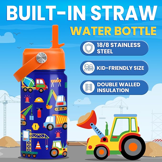 Construction Water Bottle - Kids Water Bottle with Straw Lid - 12 Oz Insulated Stainless Steel Water Bottles for Kid Boys - Travel Cup for School Sports