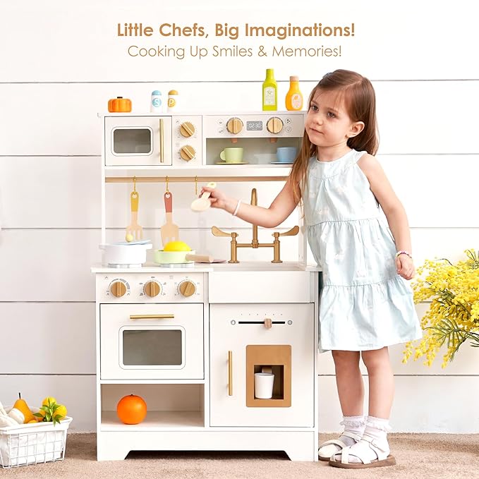 Wooden Play Kitchen for Kids with Ice Maker — Small White Pretend Kitchen Set with Sink, Stove, Oven & Microwave, Utensils and Storage, Montessori Role-Play Toy, Gift for Toddlers Ages 3+