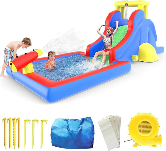 PicassoTiles KC108 Water Slide Park Inflatable Bouncing House w/Pool Area (Splash Zone), Climbing Wall, Shower Head Sprays Mounts, Water Cannon Mount and Heavy Duty GFCI ETL Certified 385W Blower
