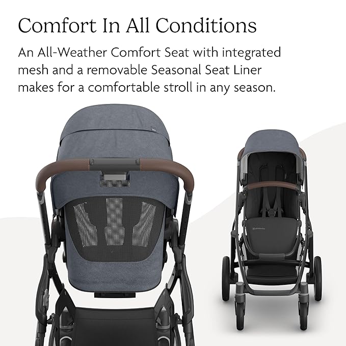 UPPAbaby Vista V3 Stroller - Full-Size Single-to-Double Stroller System - Toddler Seat, Bug Shield, Rain Shield, and Storage Bag Included - Julian (Dusty Blue Mélange/Carbon Frame/Chestnut Leather)