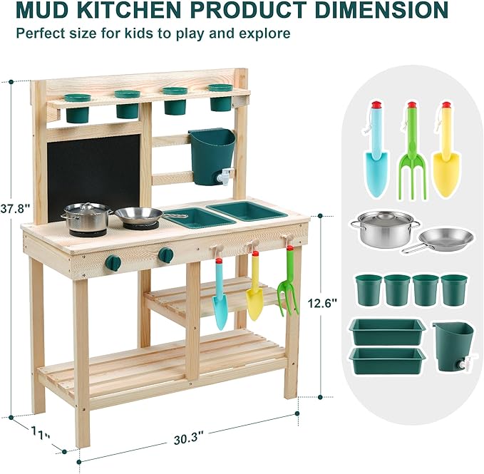 Kids Mud Kitchen Toy, Cedar Wood Outdoor Kitchen with Removable Sink, Planting Area, Simulated Stove, Double-Sided Chalkboard, and Storage Space | Backyard Role-Play Toy | Ages 3+