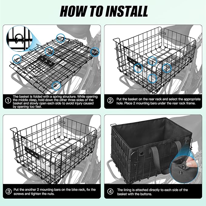 RAYMACE Bike Basket Rear,Bicycle Basket with Removable Liner,Rainproof Cover and Cargo Net,Folding Bike Baskets for Adult,Quick Release Design Fits for Most Rear Mounted Bike Rack