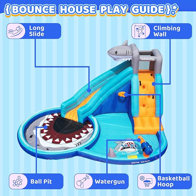 INFLATEBLE Waterslide Bounce House, Shark Blow-up Bouncer Toddlers Water Park Kids Bouncy Castle for Wet and Dry
