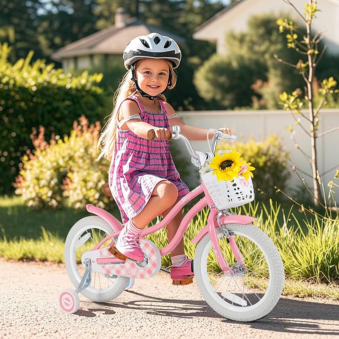 BABY JOY Kids Bike, 12 14 16 18 20 Inch Boys Girls Bike w/Adjustable Seat, Removable Basket, Handbrake & Coaster Brake, Training Wheels or Kickstand, Kids Bicycle with Multi-Color