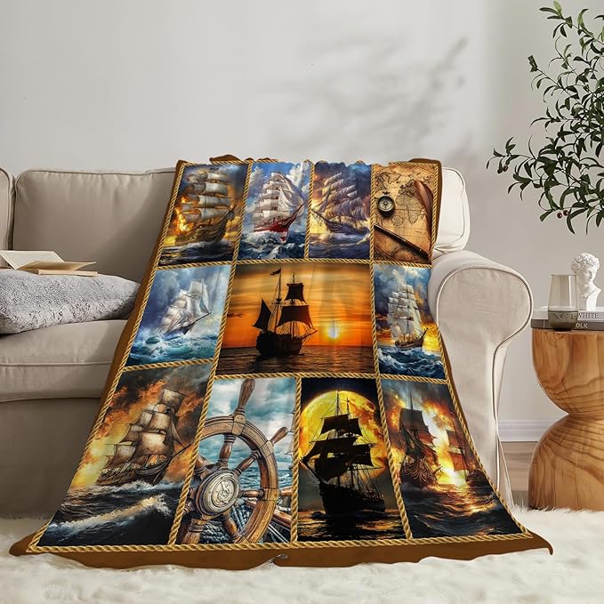 Nautical Throw Blanket Ultra Soft Cozy Navigation Sailboat Blanket Fleece Fuzzy Plush Nautical Lovers Decor Gifts for Women Girls Adults Couch Sofa 80"x60"