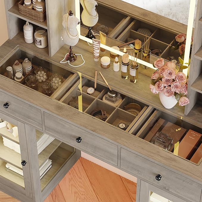 Makeup Vanity Desk with Mirror and Lights, 43" Grey Vanity with Glass Top, Jewelry Storage, 3 Drawers & Glass Cabinets, Power Outlet & Adjustable LED Lights, Dressing Table for Women & Girls Bedroom