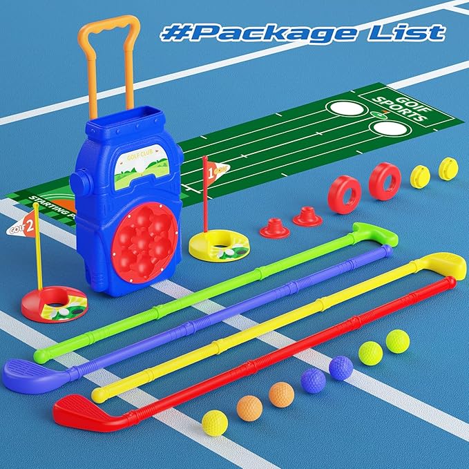 Toddler Golf Set for Boys & Girls Ages 2 3 4 5, Kids Golf Clubs with Putting Mat, Golf Cart, 7 Balls, 4 Golf Clubs, 2 Practice Holes, Indoor & Outdoor Toy Sports Gift