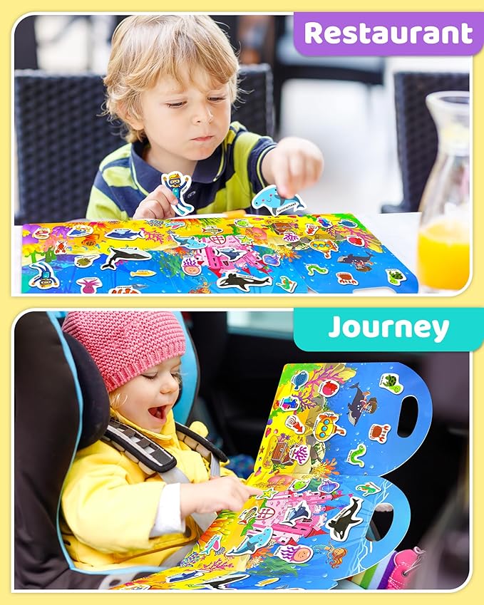 Benresive Reusable Sticker Book for Toddlers 2-4 Years, Fun Travel Stickers for Kids, Waterproof Sticker Books for Toddlers 1-3, Crafts Activities for Toddler 1-3 2-4 3-5 - Ocean World