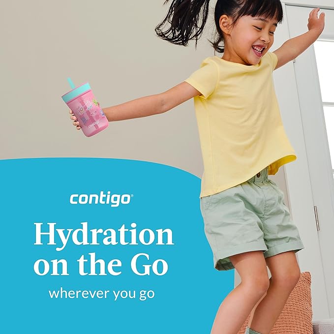 Contigo Leighton Kids Plastic Water Bottles Spill-Proof Tumblers with Straw Dishwasher Safe 14oz 2-Pack in Blue Raspberry/Butterflies & Azalea/Llamas Themes - Ideal for Toddlers and Older Kids