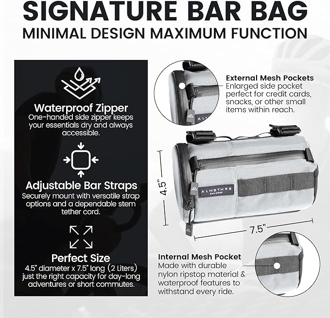 Signature Bar Bag – Sterling Silver | Hard-Shell Bike Handlebar Bag with Waterproof Zippers & Adjustable Straps | Lightweight Bicycle Handlebar Bag, Compatible with Road, Gravel & MTB Bikes