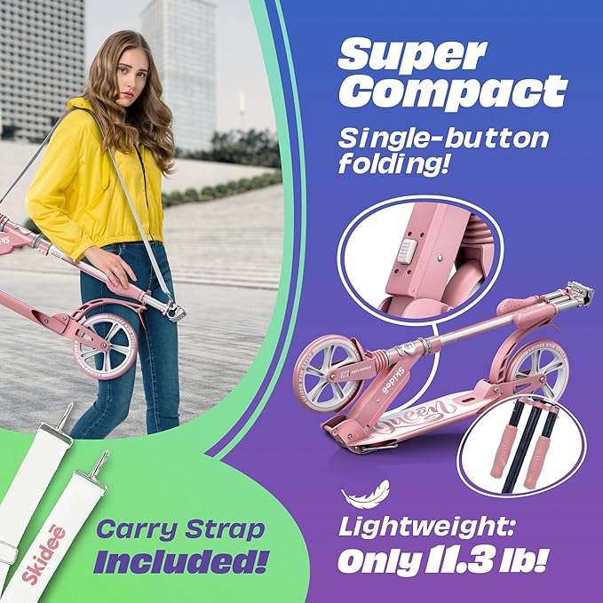 Skidee Adult & Teen Scooter Adjustable Height, Folding, Large Wheels, Lightweight, Durable, Anti-Shock Suspension, Up to 220 lbs