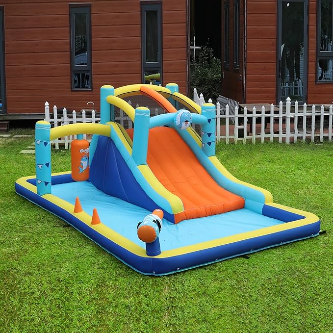 TABU Bounce House with Slide, Inflatable Castle with Splash Pool Water Cannons, Outdoor/Indoor Bouncy House with Air Blower, Ball Pit, Boxing, Climbing Wall, for Kids Aged 3-12(187.2x112x73.2IN)