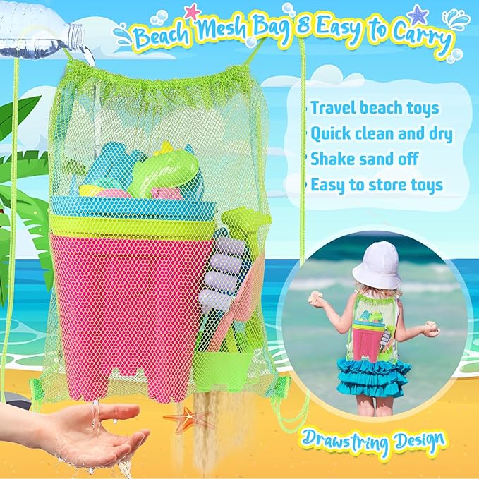 Beach Toys for Toddlers, Sand Castle Toys with 3 Bucket, 6 Shovels, Mesh Bag & Sandbox Molds Travel Sand Toys for Beach Sandbox Toys for Toddlers Kids Baby Boys Girls Age 3-10