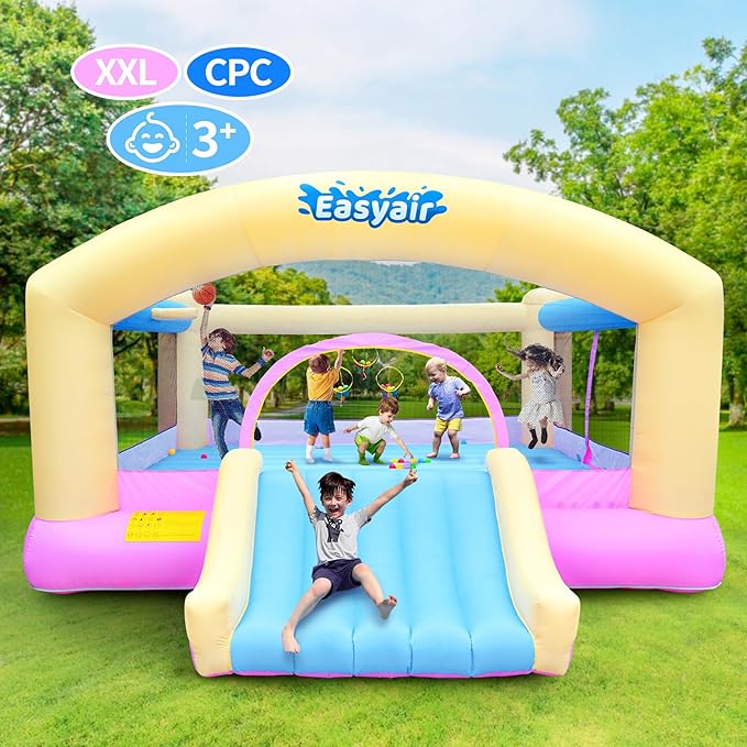 Large Bounce House for Big Kids, 14.8 x 14.5 FT Inflatable Bouncer Jumper Slide with 650W Blower, Basketball Hoop, Throw Ball Game, Ball Pits Yellow