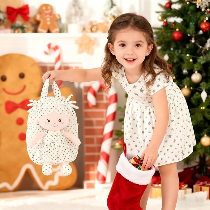 Onetoo Toddler Backpack for Girls 9” – Soft Plush Baby Doll Backpack, Cute Star Dress Stuffed Toy Bag, Perfect Birthday Christmas Gift for Kids, Preschool, Travel & Back to School