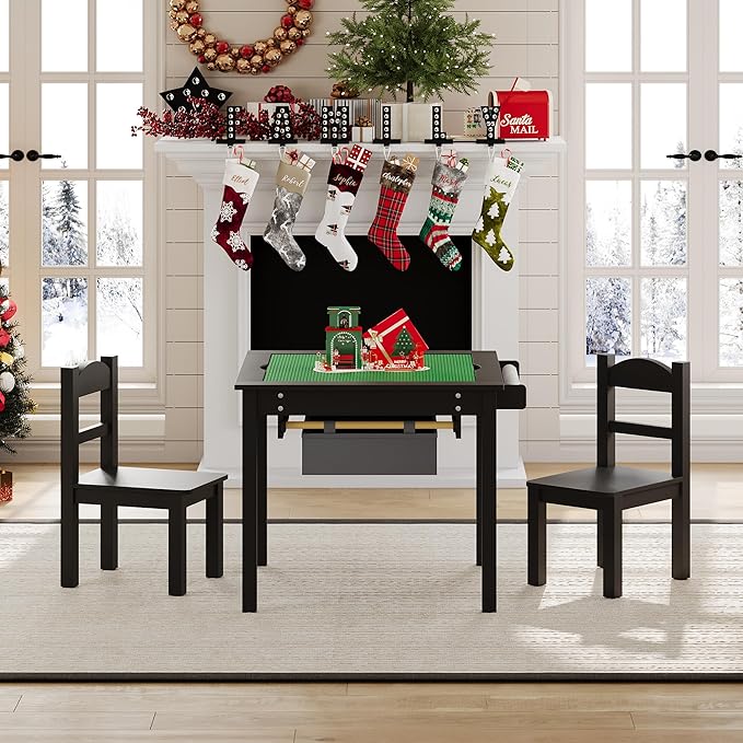 Treocho Wooden Kids Table and Chair Set with Reversible Tabletop, 2 in 1 Toddler Desk with Storage Drawers, Kids Activity Table with Blocks Building Baseplate for Playing, Reading, Drawing, Black