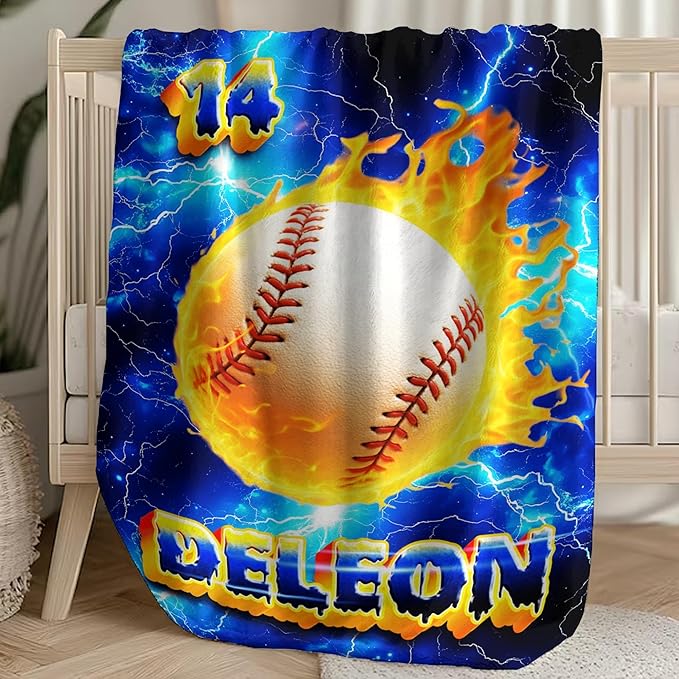 Custom Baseball Blanket with Name Personalized Basketball Throw Blanket for Sports Lovers for Couch Sofa Bed Decor (Boy-03)