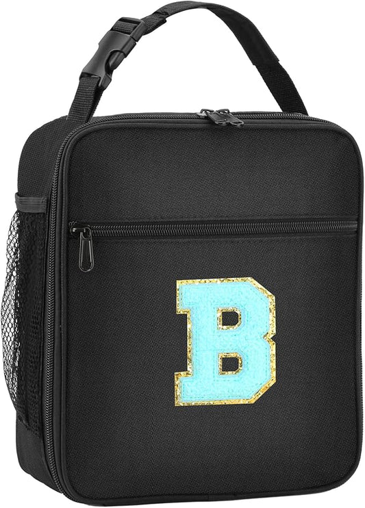 Initial Insulated Lunch Bag, Lunch Box with Initial Letter Patch for Teen Adult, Reusable Lunch Bag for Men Women, Ideal Back to School Gift Birthday Gift, Blue B