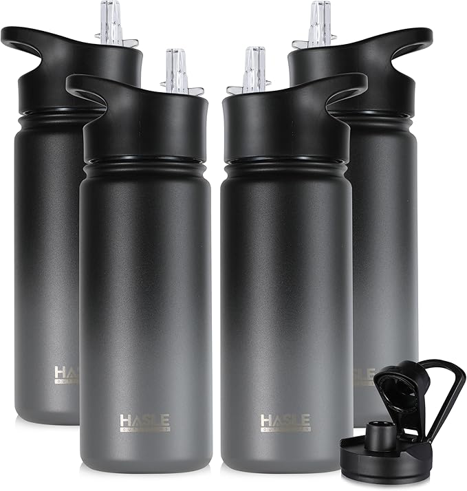 HASLE OUTFITTERS Insulated Water Bottle 16 oz Double Wall Vacuum Stainless Steel Water Bottle kid Leak Proof for School Wide Mouth with Straw Lid & Spout Lid Keeps Cold and Hot(Black and Gray,4pack)