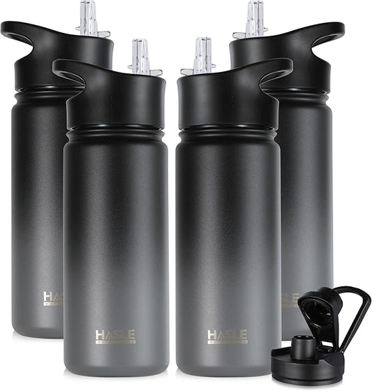 HASLE OUTFITTERS Insulated Water Bottle 16 oz Double Wall Vacuum Stainless Steel Water Bottle kid Leak Proof for School Wide Mouth with Straw Lid & Spout Lid Keeps Cold and Hot(Black and Gray,4pack)