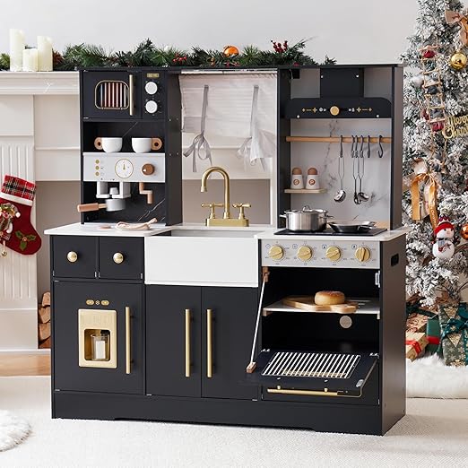 ROBOTIME Wooden Play Kitchen for Kids, Toddler Kitchen Playset with Ice Maker and Coffee Machine, Realistic Kids Play Kitchen Toy Gift for Girls & Boys Ages 3+ Black