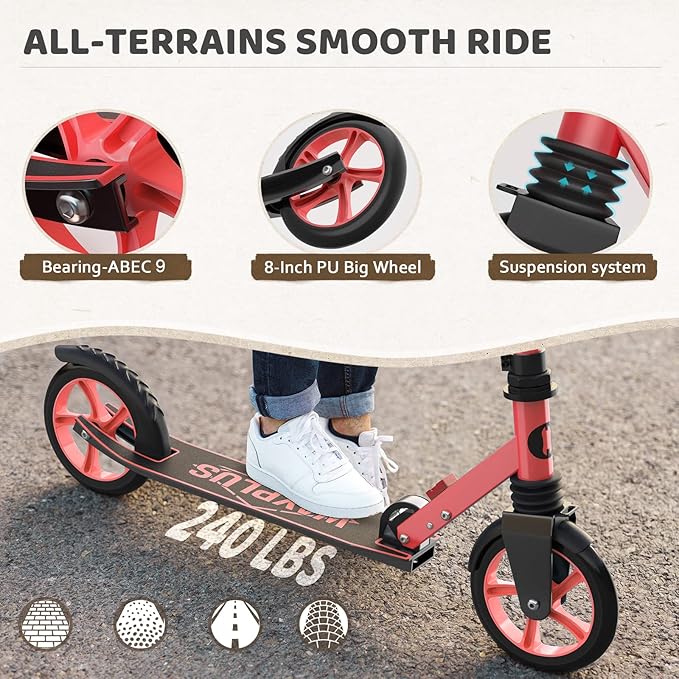 Kick Scooter for Ages 6+,Kid, Teens & Adults. Max Load 240 LBS. Foldable, Lightweight, 8IN Big Wheels for Kids, Teen and Adults, 4 Adjustable Levels. Bearing ABEC9
