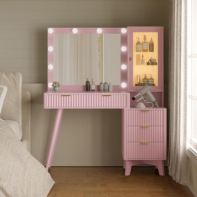 Makeup Vanity Desk with Mirror and Lights, 45" Fluted Wood Vanity Desk with Glass Top, 5 Drawers & RGB Glass Cabinet, Power Outlet, Mid Century Modern Dressing Table Set for Women Girls Bedroom