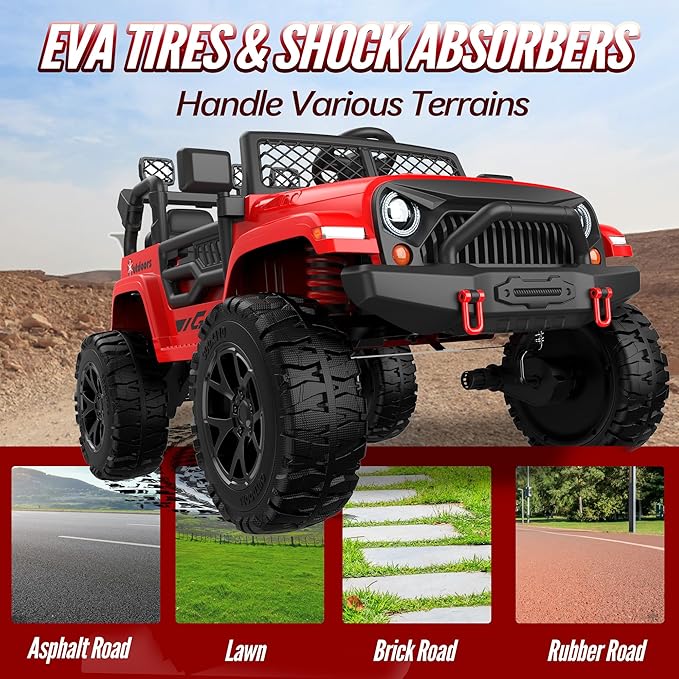 2 Seater Ride On Car for Kids, EVA Tires, 24V 4WD Electric Car w/Remote Control, Bluetooth, LED Lights, Ride On Truck for Boys and Girls Aged 3-8, Red