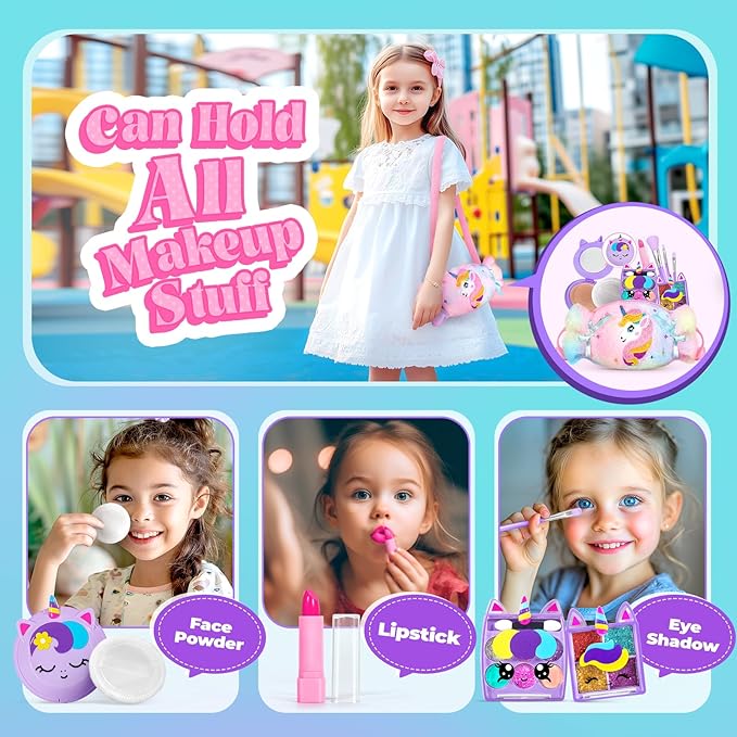 ULOVEME Kids Real Makeup Kit for Girls with Fluffy Purse - Real, Non Toxic, Washable Make Up Toy - Umicorn Toys Gift for 3 4 5 6 7 8 Years Old Girls Birthday