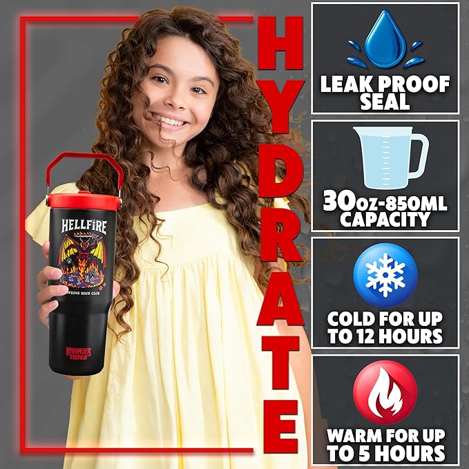 Get Trend Stranger Things Tumbler Stainless Steel with Straw 30oz Kids Teens Insulated Cup with Lid Travel Mug Cups for School Sports Gifts for Kids (Black/Red Stranger Things)