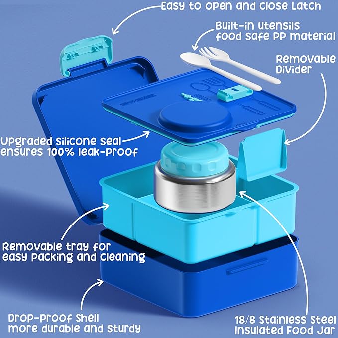 Fimibuke Bento lunch Box Set for Kids Adult with 8oz Insulated Food Jar, Lunch Bag & Sauce Cup, Leakproof Dishwasher Safe Toddler Lunch Food Container with 3-4 Compartment for School Girls Boys