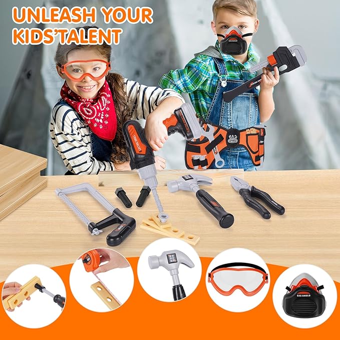 Kids Tool Set- 48PCS Toddler Tool Set Toys with Electronic Toy Drill, Tool Bag&Tool Belt&Tape Measure, Pretend Play Kids Construction Tool Kits Toy for Boys, Kids Birthday Gift for Boys Girls Ages 3+