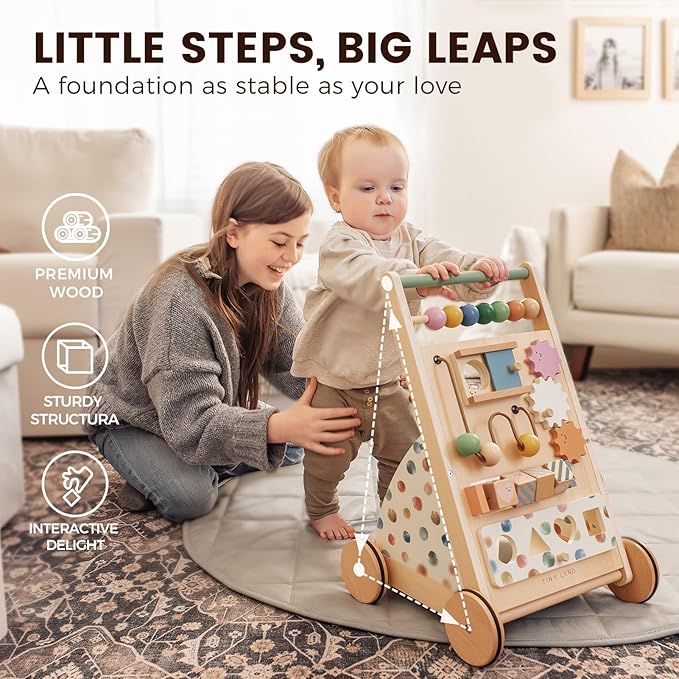 Tiny Land Wooden Baby Walker, Adjustable Speed Baby Push Walker for Boys and Girls, Montessori Activity Center Push Toy for Kids' Development, Ideal Christmas Gift for Toddlers (Morandi)
