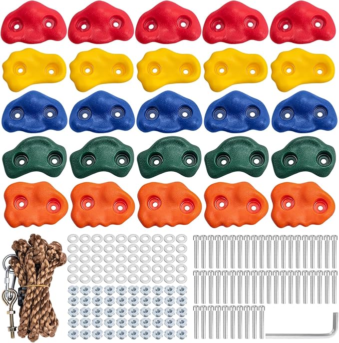 CMOOD Rock Climbing Holds, Rock Climbing Wall for Kids Rock Wall Climbing Kit for Indoor Outdoor Playground Play Set with Mounting Screws, Knotted Rope and 25 Handles