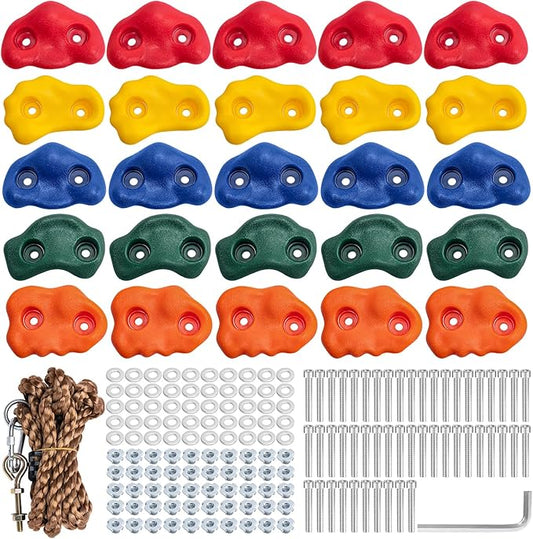 CMOOD Rock Climbing Holds, Rock Climbing Wall for Kids Rock Wall Climbing Kit for Indoor Outdoor Playground Play Set with Mounting Screws, Knotted Rope and 25 Handles