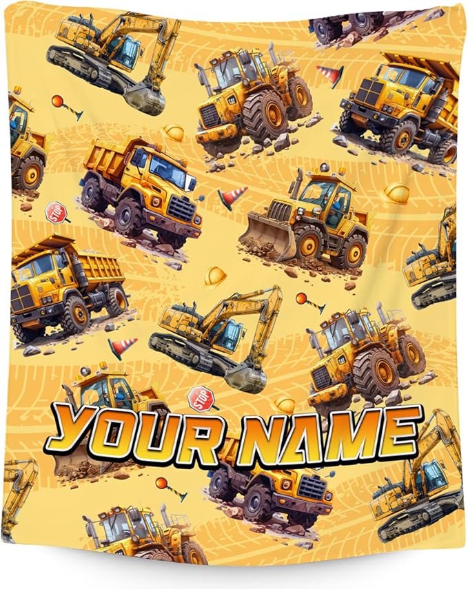 Toddler Blanket for Boys - Custom Construction Truck Gifts for Kids - Personalized Excavator Fleece Throws for Couch Sofa (4 Sizes)