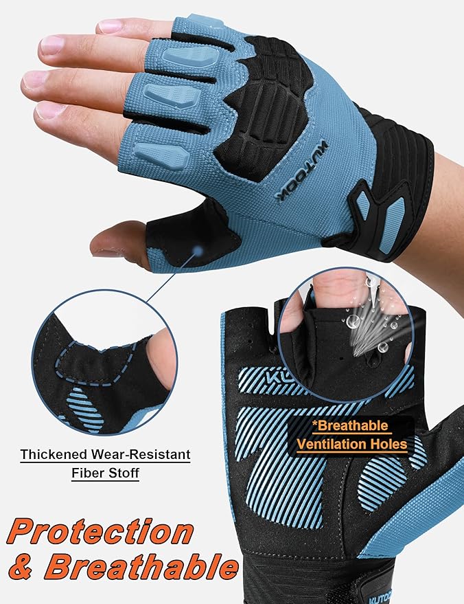 KUTOOK Mountain Bike Gloves for Mmen Fingerless with Wrist Guard Anti-Slip for Dirtbike Riding Fitness Training Outdoor Sports