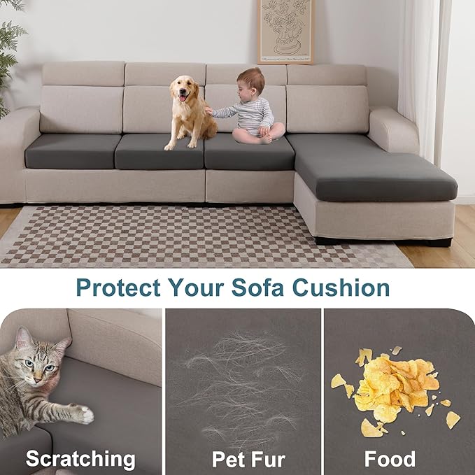 100% Waterproof Couch Cushion Covers, Stretch Sofa Seat Cover, Reversible Furniture Protector Covers for Pets, Washable (Loveseat Cushion, Grey), Medium