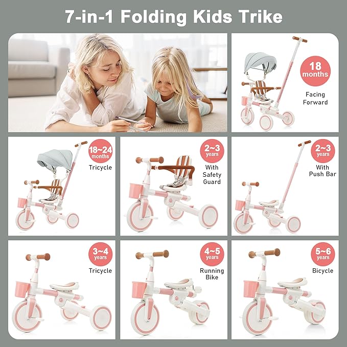 Foldable Kids Tricycle with Adjustable Pedals, Removable Canopy Cup Holder Safe, Portable Toddler Bike