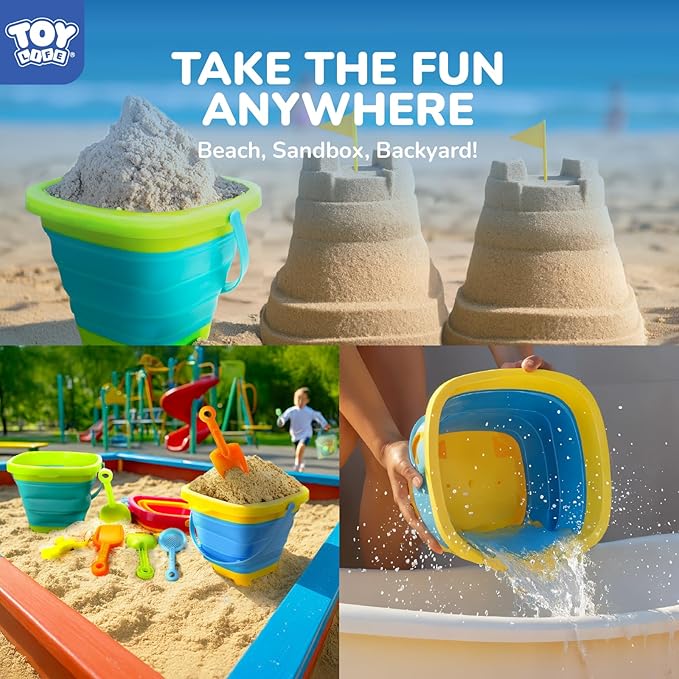 TOY Life Collapsible Beach Toys for Kids with 4 Silicone Collapsible Sand Buckets & 8 Shovels & Mesh Bag, Travel Beach Essentials for Kids Sand Toys Toddlers, Sandbox Toys for Boys Girls Ages 3-5 4-8
