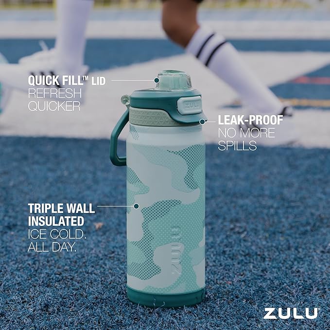 ZULU Powerfill Pro 18oz Kids Stainless Steel Water Bottle with Quick Fill Lid, Triple Wall Vacuum Insulated, Leak Proof Locking Lid, Sip & Chug, Reusable, BPA Free, Dishwasher Safe, Green Camo